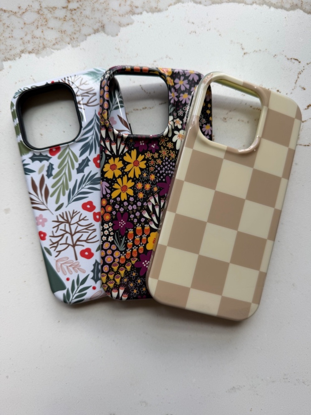 iPhone 14 PRO Stylish Floral & Checkerboard Phone Case Set-Beige, Black & White